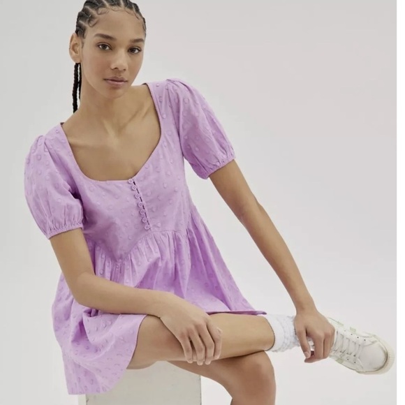 Urban Outfitters UO Maci Polka Dot Mini Dress Puff Sleeve Lilac - Picture 2 of 14